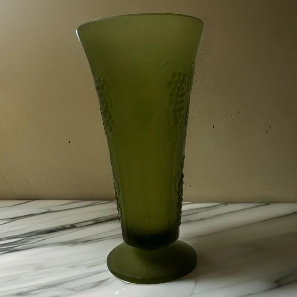 Vintage Green Glass Pedestal Vase with Grape Vines  7.5 inches